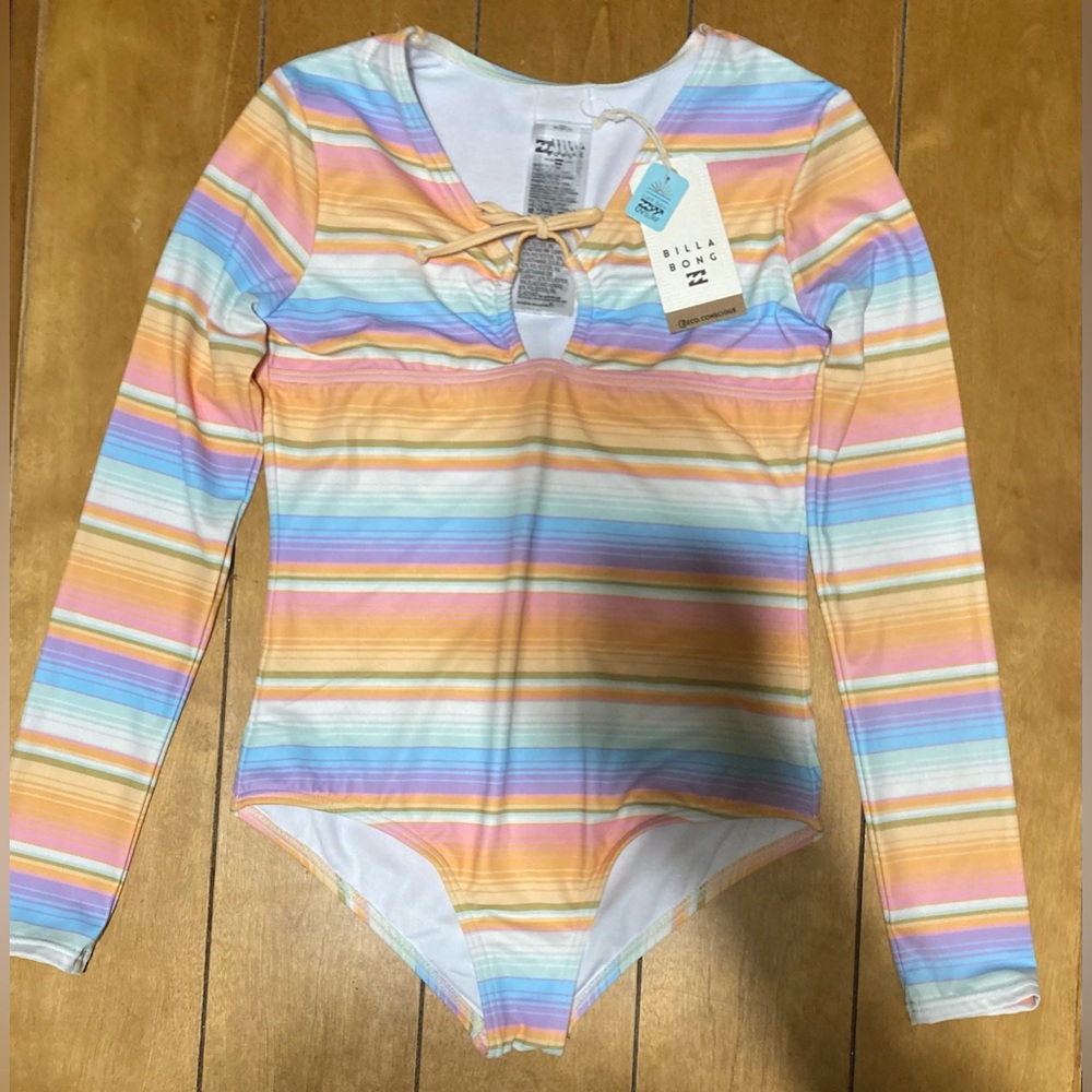 NWT Women’s Size 12  Billabong Striped Long Sleeve Swimsuit